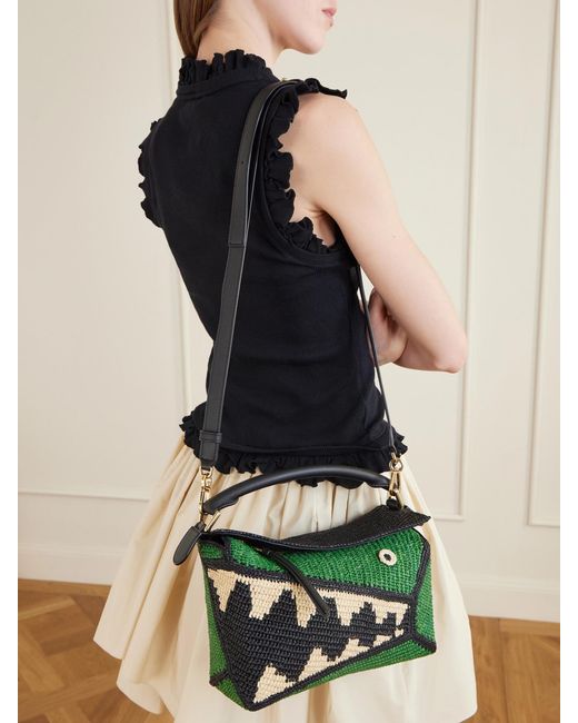 Loewe Green Paula's Ibiza Puzzle Edge Crocodile Leather-Trimmed Raffia Shoulder Bag