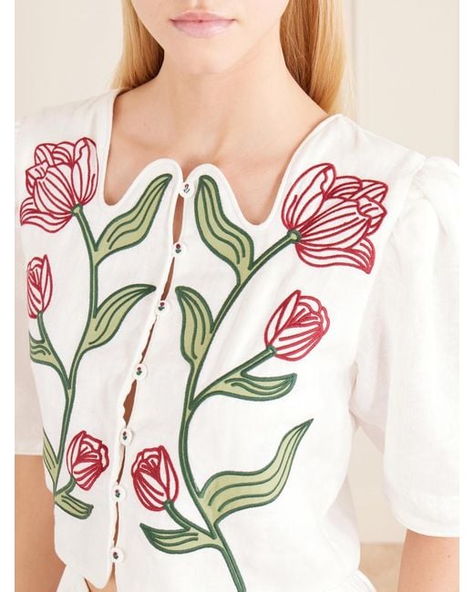 Farm Rio Natural Floral-Embroidered Cropped Linen Top