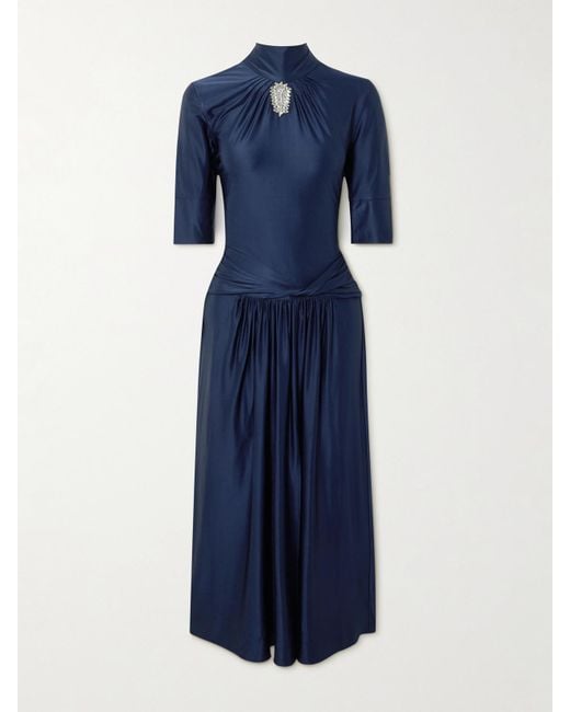 Rabanne Blue Crystal-Embellished Gathered Satin-Jersey Midi Dress