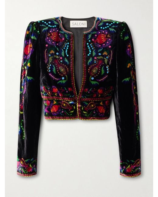 Saloni Black Vika Cropped Beaded Printed Velvet Jacket
