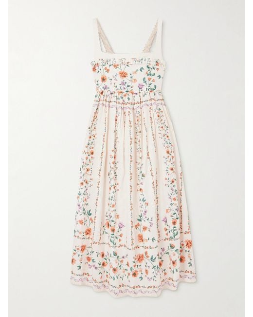 Agua Bendita Natural Barbara Midikleid Aus Leinen Mit Blumenprint, Zierperlen Und Falten