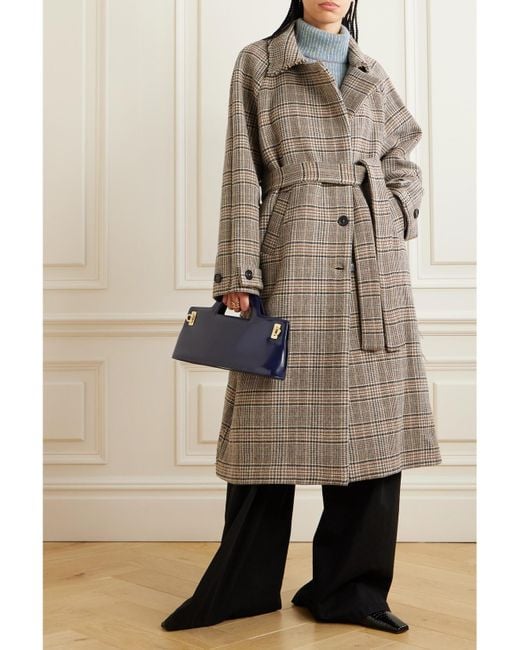 Kassl Natural Distressed Belted Checked Wool-Blend Coat