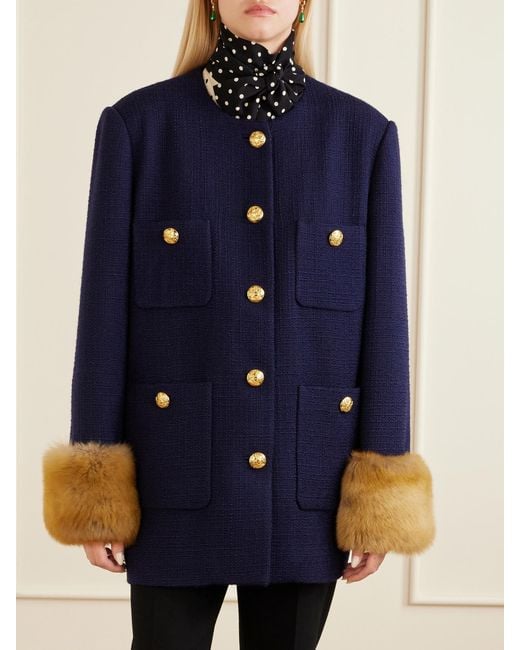 Valentino Garavani Blue Plush-Trimmed Wool Coat