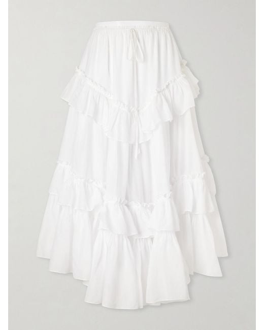 Chloé White Ruffled Tiered Cotton-Voile Midi Skirt