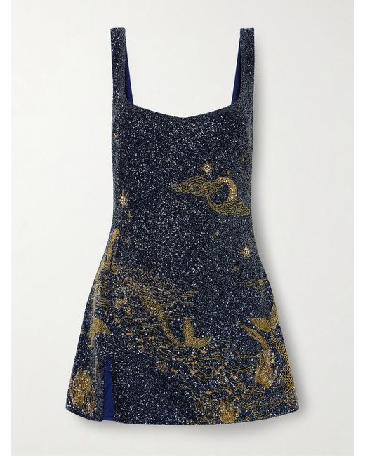 Clio Peppiatt Blue Island Beaded Tulle Mini Dress