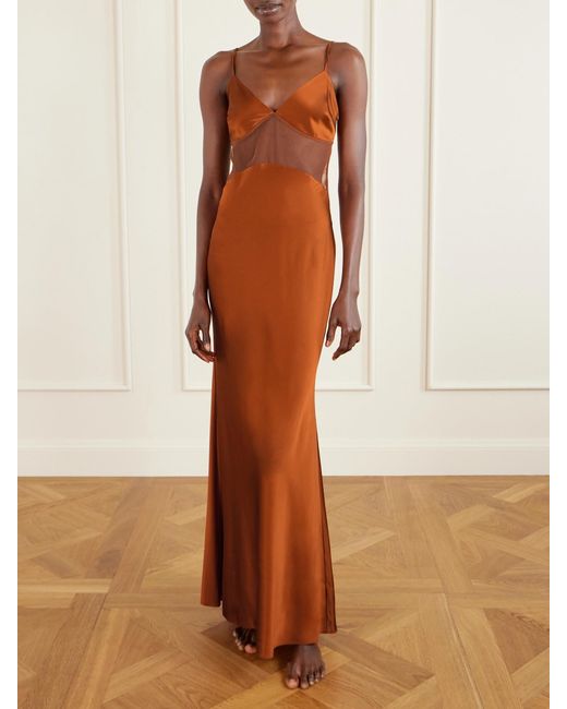 Kiki de Montparnasse Brown Maxime Tulle-Trimmed Silk-Blend Satin Nightdress