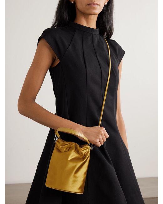 Staud Natural Lila Mini Leather-Trimmed Metallic Satin Bucket Bag