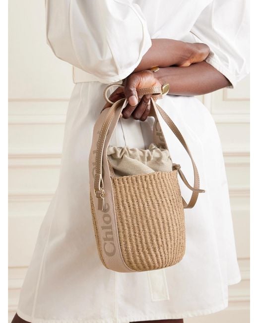 Chloé Natural Woody Small Leather-Trimmed Raffia Basket Bag