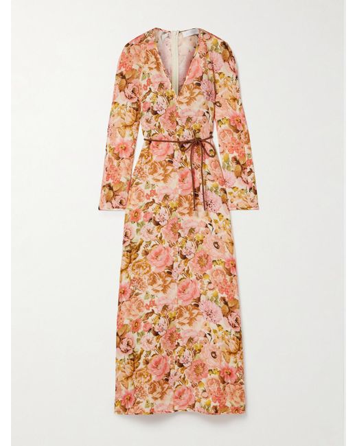 Zimmermann White Golden Belted Floral-Print Linen Maxi Dress