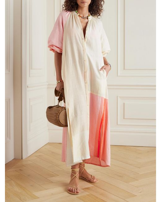 Lemlem Pink Makeda Belted Color-Block Cotton-Blend Maxi Shirt Dress