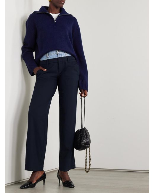 Jonathan Simkhai Blue Ophelia Denim-Trimmed Grain De Poudre Straight-Leg Pants