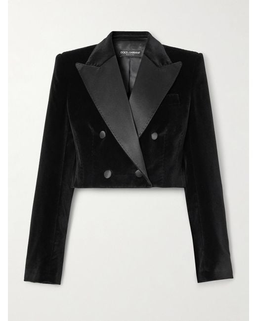 Dolce & Gabbana Black Cropped Double-Breasted Satin-Trimmed Velvet Blazer