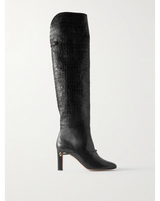 JENNIFER CHAMANDI Black Samu Over-The-Knee Croc-Effect Leather Boots