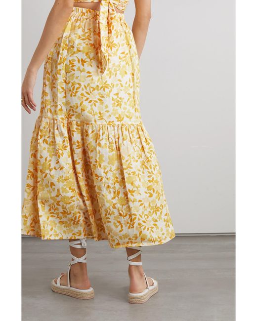 Peony Yellow Net Sustain Tiered Floral-Print Linen Maxi Skirt