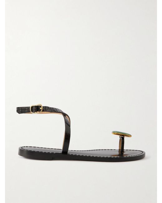 Amanu Natural The Kigali Aventurine-Embellished Croc-Effect Leather Sandals