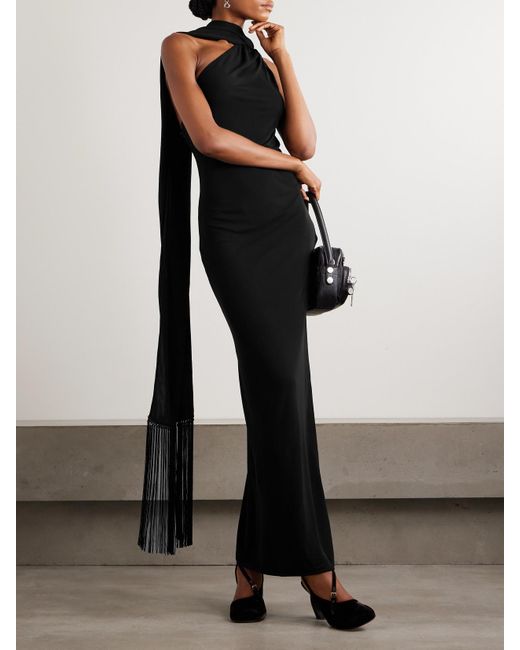 Acne White Dassy One-Shoulder Fringed Tie-Detailed Stretch-Knit Gown