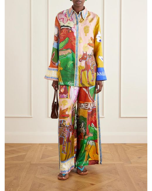 ALÉMAIS White Mlak Printed Silk-Twill Wide-Leg Pants