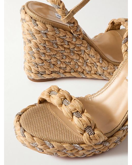 Aquazzura Natural Costiera 120 Crystal-Embellished Cord-Trimmed Raffia Platorm Wedge Sandals
