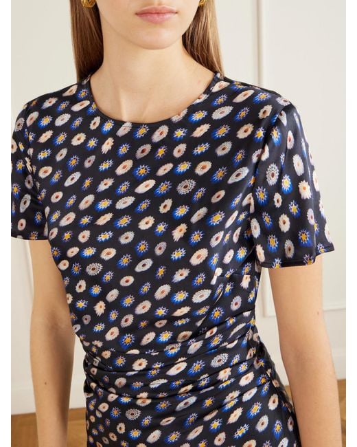 Staud Blue Marcel Printed Ruched Silk-Blend Satin Midi Dress