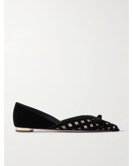 Aquazzura Black Romance Bow-Embellished Mesh-Trimmed Velvet Pointed-Toe Ballet Flats