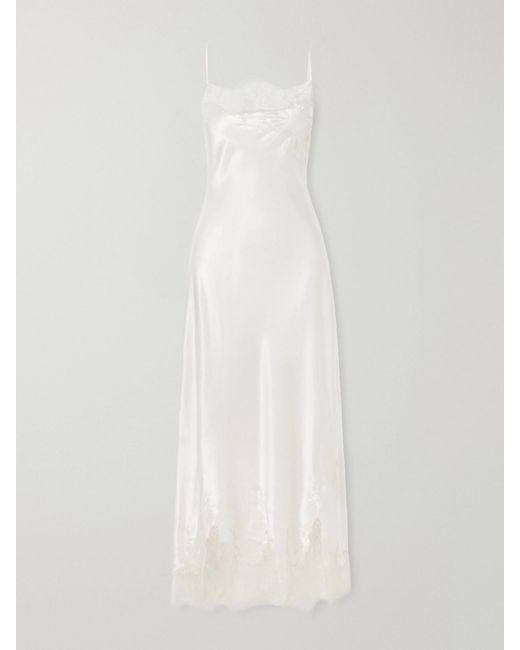 Carine Gilson White Lace-Trimmed Silk-Satin Midi Dress