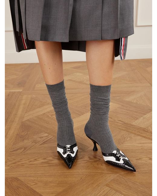 Thom Browne Black 75 Two-Tone Lace-Up Patent-Leather Pumps
