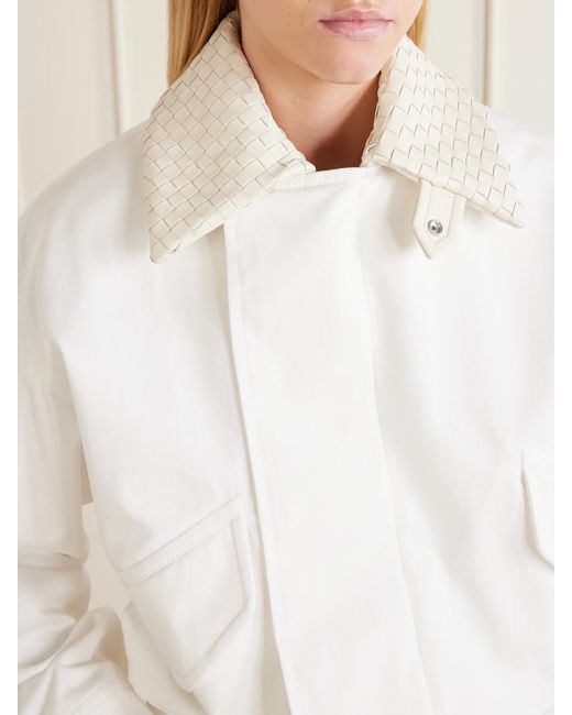 Bottega Veneta White Intrecciato Leather-Trimmed Cotton Jacket