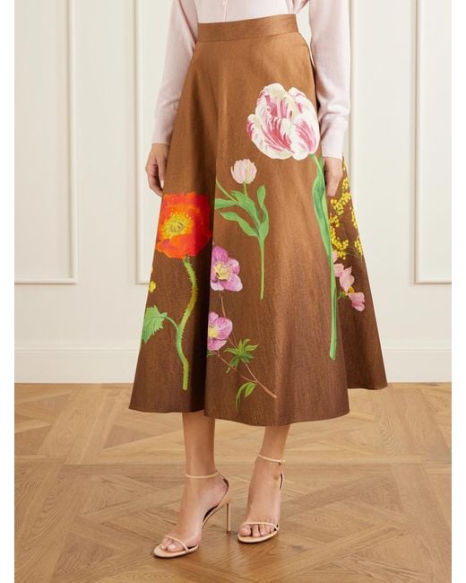 Oscar de la Renta Brown Floral-Print Cotton-Poplin High-Waist Midi Skirt