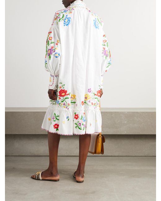 Valentino Garavani White Kleid Aus Einer Mischung Aus Baumwolle, Leinen Und Seide Mit Rüschen Und Stickereien