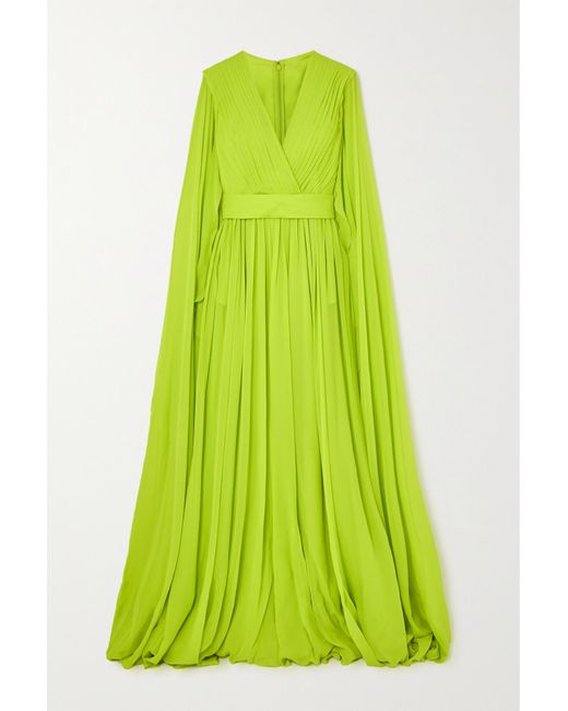 Elie Saab Green Cape-effect Pleated Silk Crepe De Chine Gown