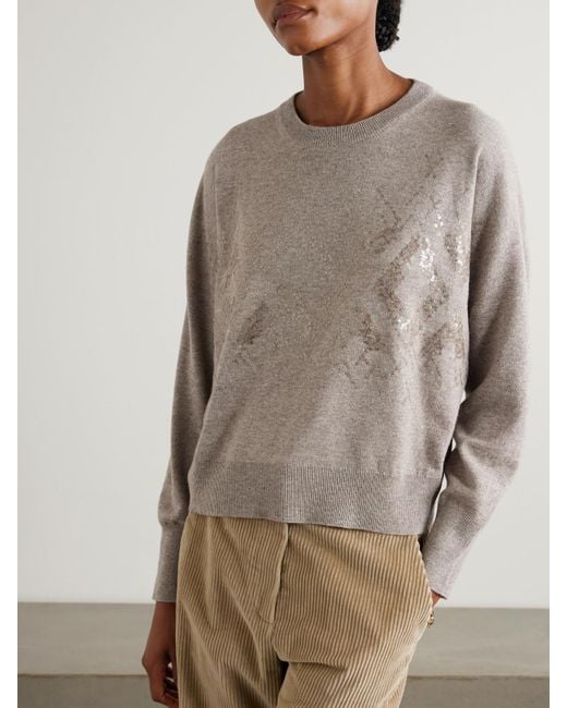 Brunello Cucinelli White Sequin-Embellished Wool, Cashmere And Silk-Blend Sweater
