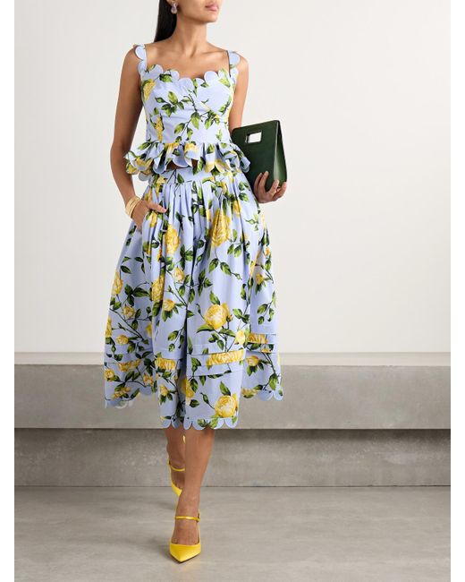 Jupe Midi En Popeline De Coton Mélangé À Imprimé Fleuri Et À Plis Oscar de la Renta en coloris Blue