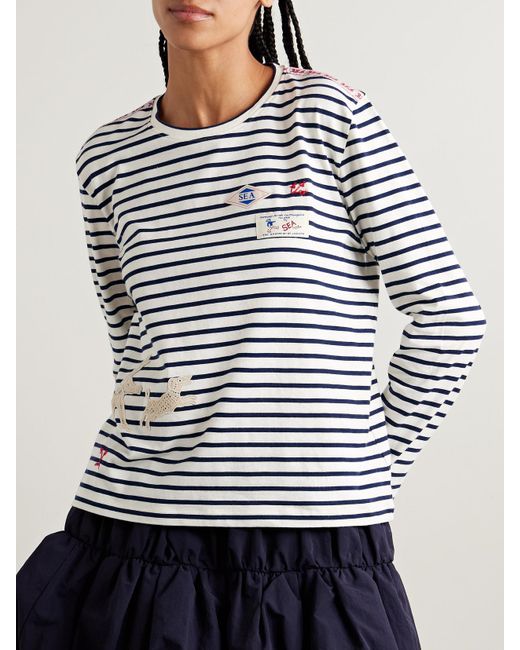 Sea Blue Athena Appliquéd Embroidered Striped Cotton-Jersey T-Shirt