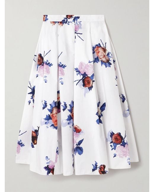 Jupe Midi En Popeline De Coton À Imprimé Fleuri Et À Plis Erdem en coloris White