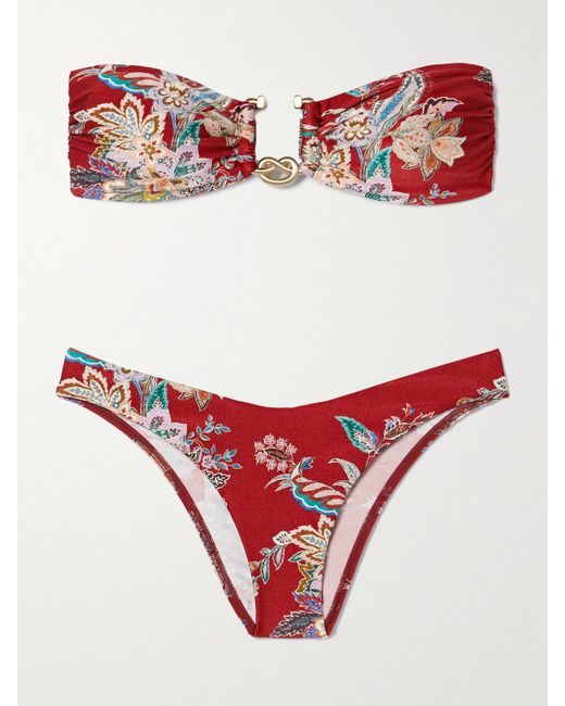 Zimmermann Red Rhiannon Embellished Printed Bandeau Bikini