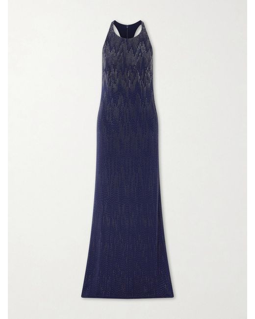 Ralph Lauren Blue Claeton Crystal-Embellished Crepe Halterneck Gown