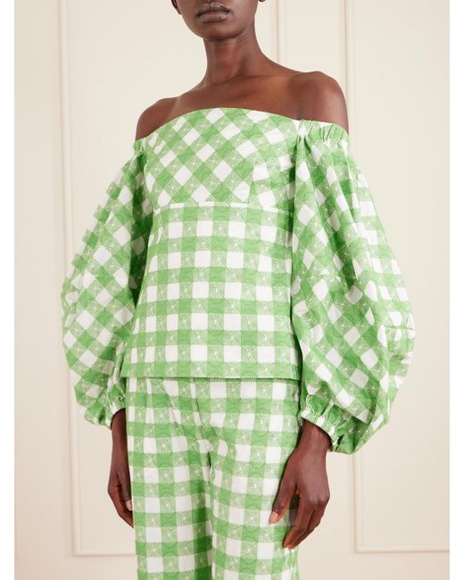 Rosie Assoulin Green Empire Balloon Off-The-Shoulder Checked Cotton Blouse