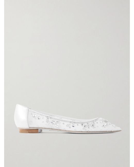Rene Caovilla White Leather-Trimmed Crystal-Embellished Tulle Point-Toe Flats