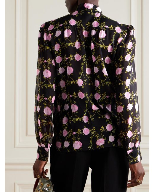 Giambattista Valli Black Pussy-Bow Floral-Print Silk-Chiffon Blouse