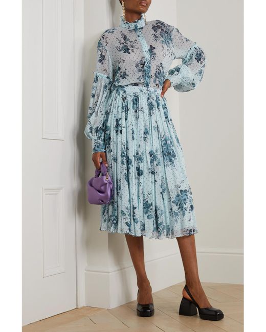 Erdem Blue Midirock Aus Krepon Mit Blumenprint Und Falten