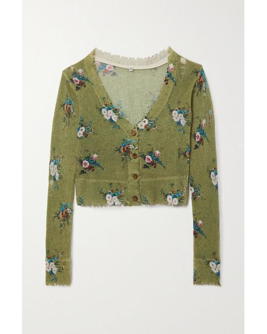 R13 Cropped Distressed Floral-print Cashmere Cardigan in Green | Lyst Canada
