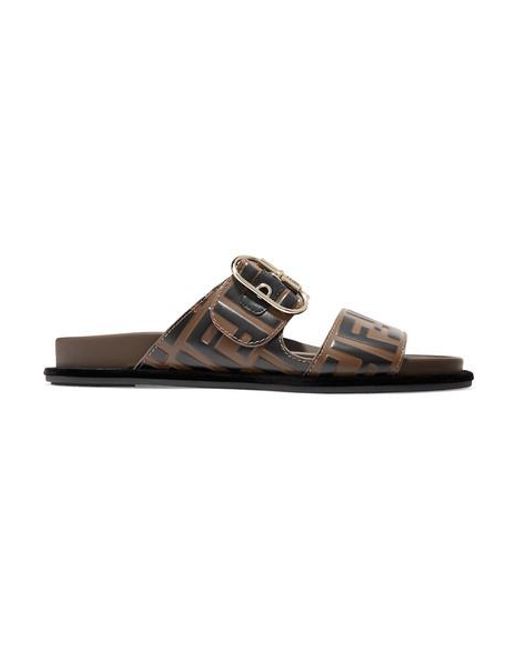 Fendi Logo-print Leather And Rubber Slides in Brown - Lyst