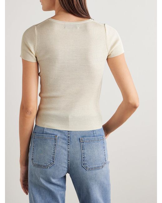 Nili Lotan Natural Francene Ribbed Silk Henley T-Shirt