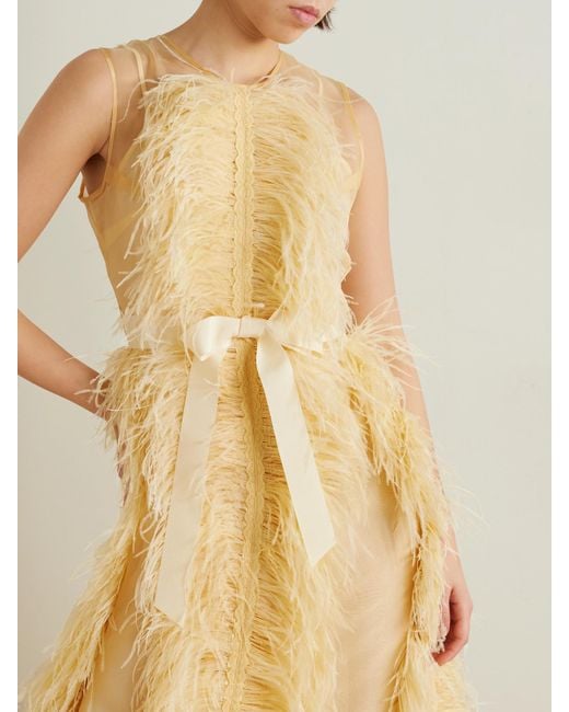 Huishan Zhang Yellow Beau Feather And Grosgrain-Trimmed Silk-Organza Gown
