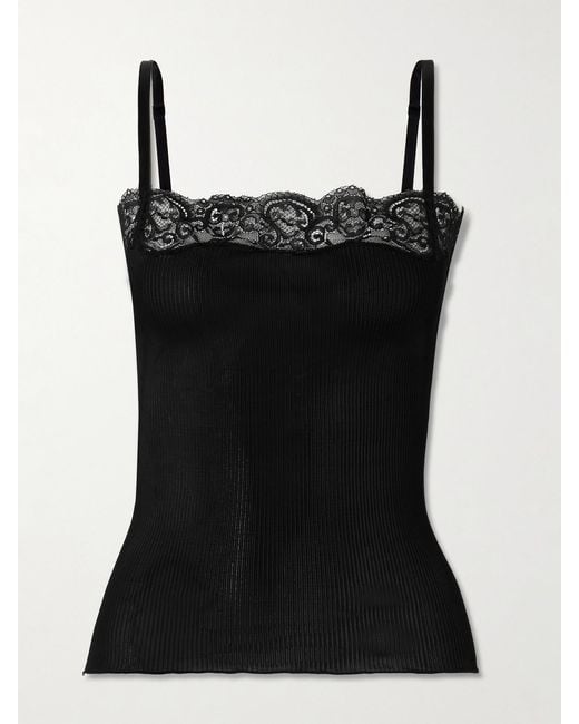Saint Laurent Black Top Aus Geripptem Seiden-Jersey Mit Spitzenbesatz