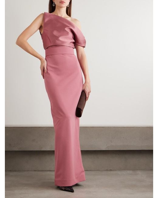 Solace London Pink Magda Off-The-Shoulder Belted Draped Faille And Crepe Gown