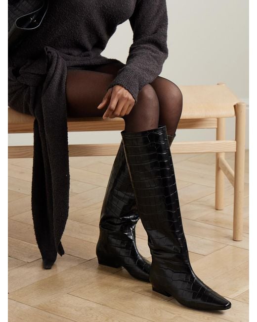 Staud Black Wally Croc-Effect Leather Knee Boots