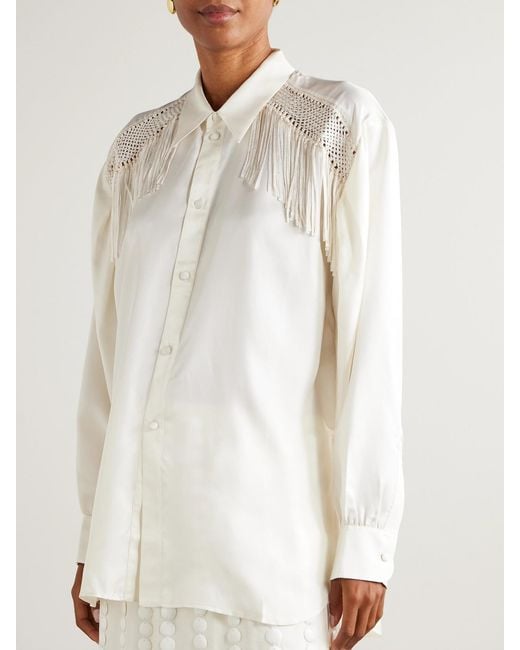 DIOTIMA White Epaulette Crochet-Trimmed Fringed Silk-Twill Shirt