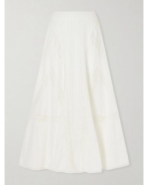 Loretta Caponi White Vieste Lace-Trimmed Cotton-Muslin Maxi Skirt