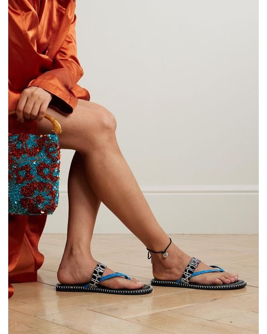 Dries Van Noten Blue Whipstitched Croc-Effect Leather Sandals